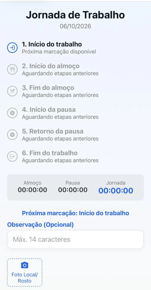 Tela de jornada de trabalho do DriverSat com as marcações de início, almoço, pausa e fim.
