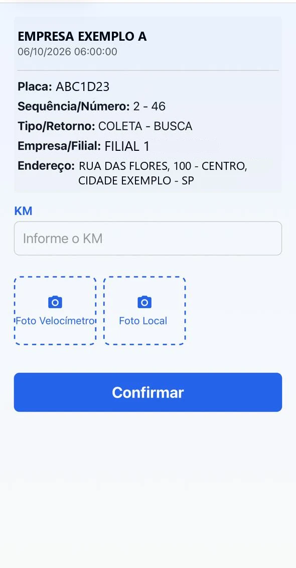 Tela de encerramento de atividade com campo de quilometragem e fotos.