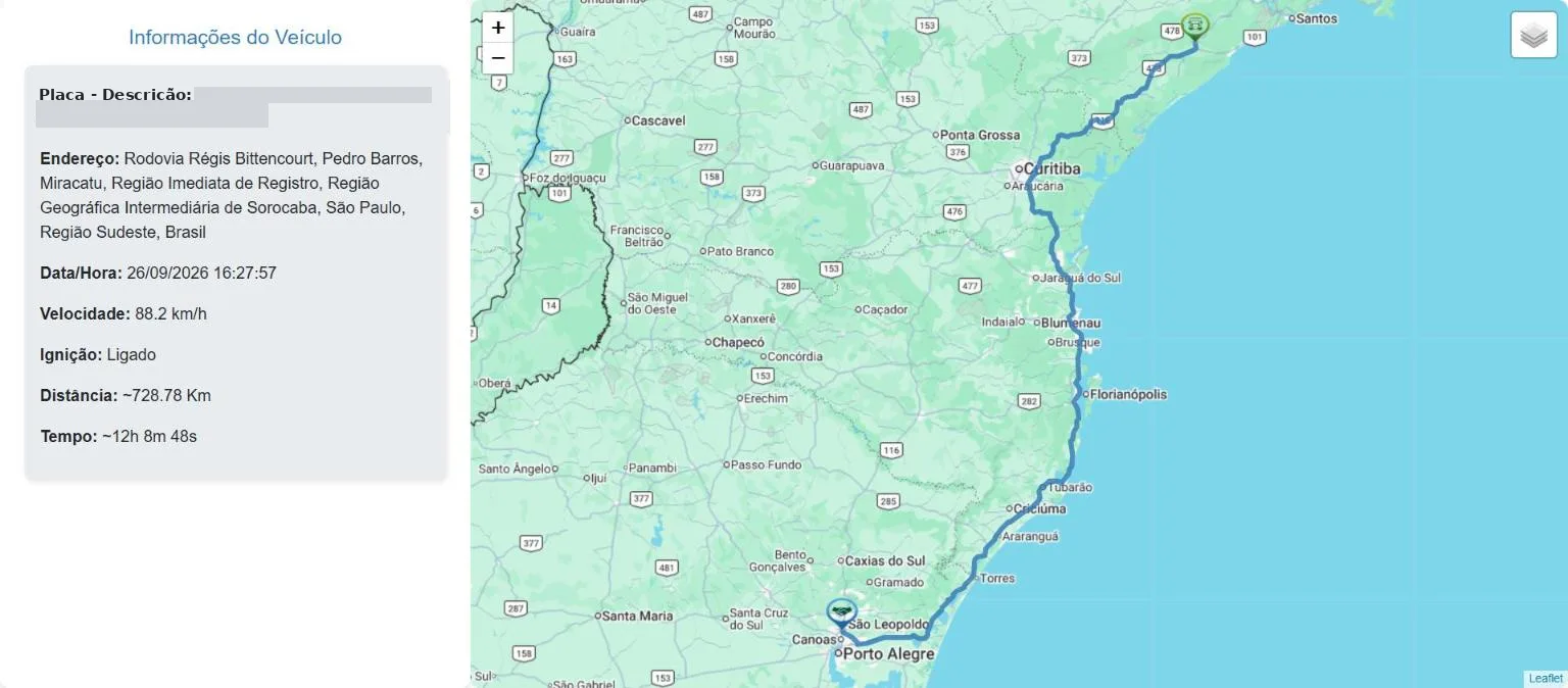 Mapa do iSat com a rota percorrida por um veículo e as informações do veículo.