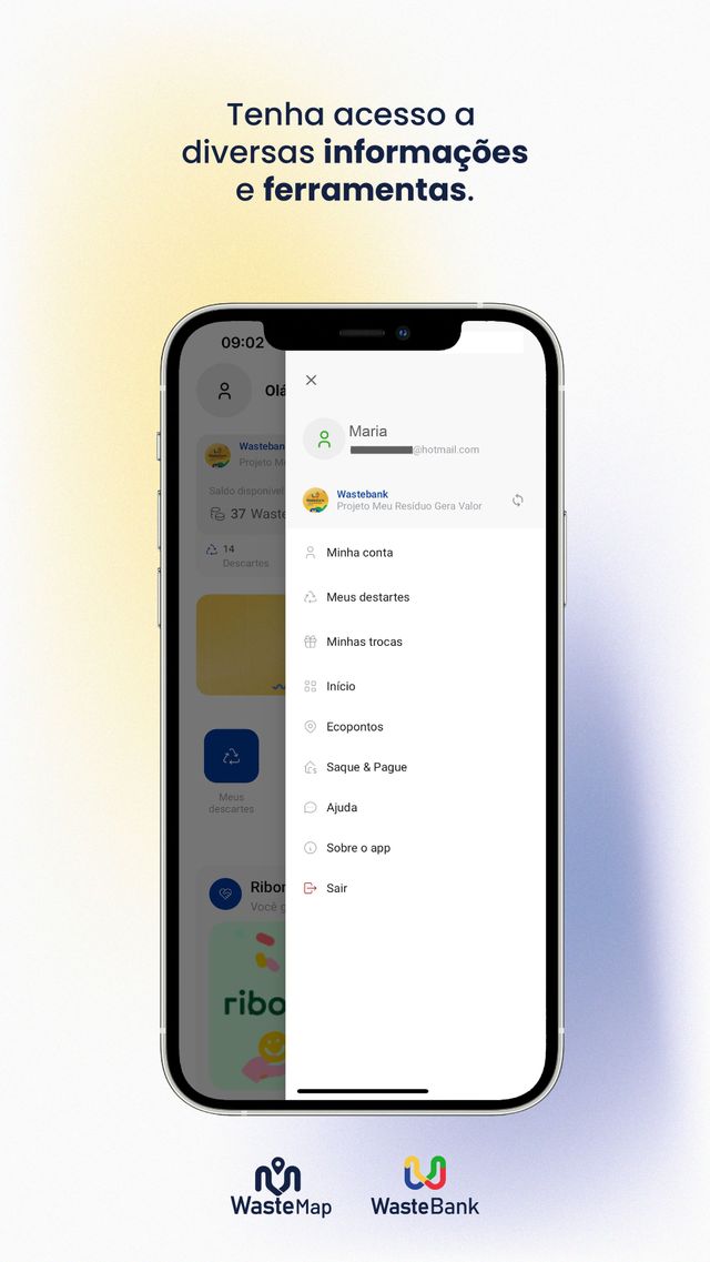 Menu do app com meus descartes, minhas trocas e ecopontos.