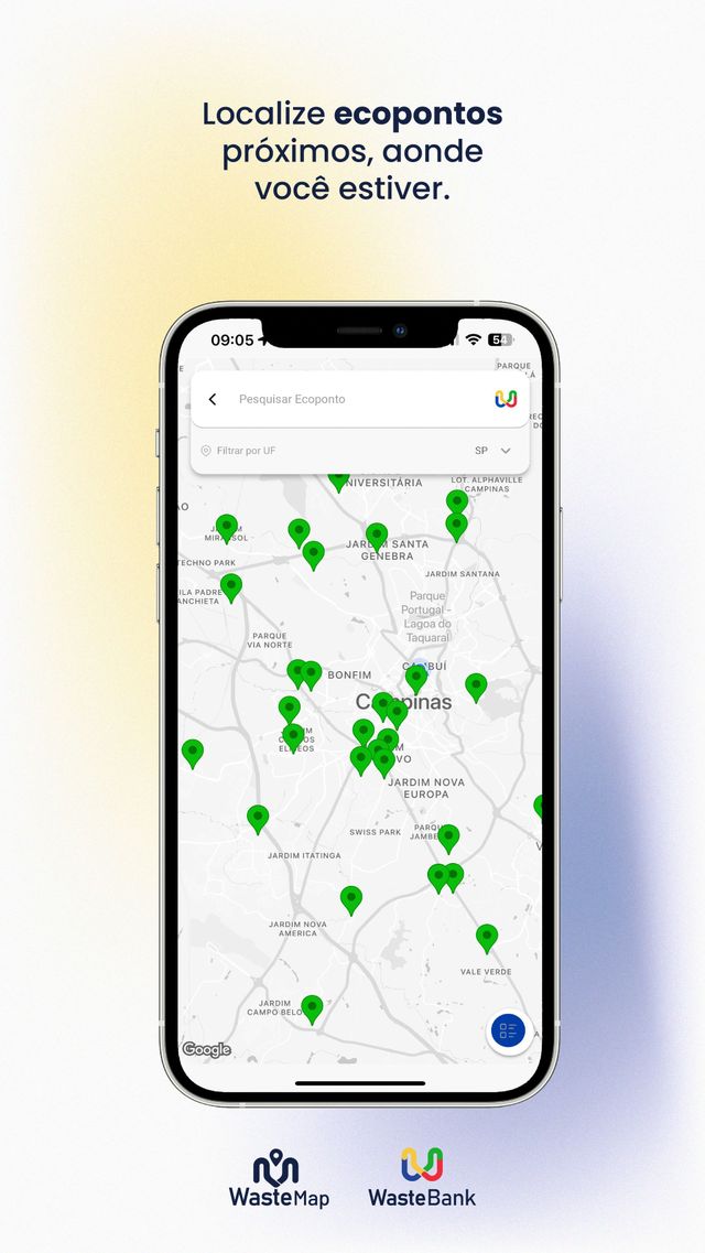 Mapa com os ecopontos próximos e busca por estado.